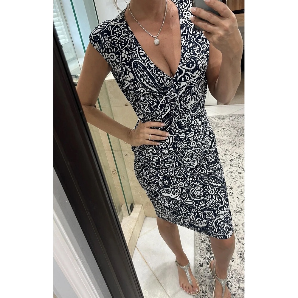 Chaps Ralph Lauren Blue White Paisley Wrap Dress Stretch Knee Length Small
